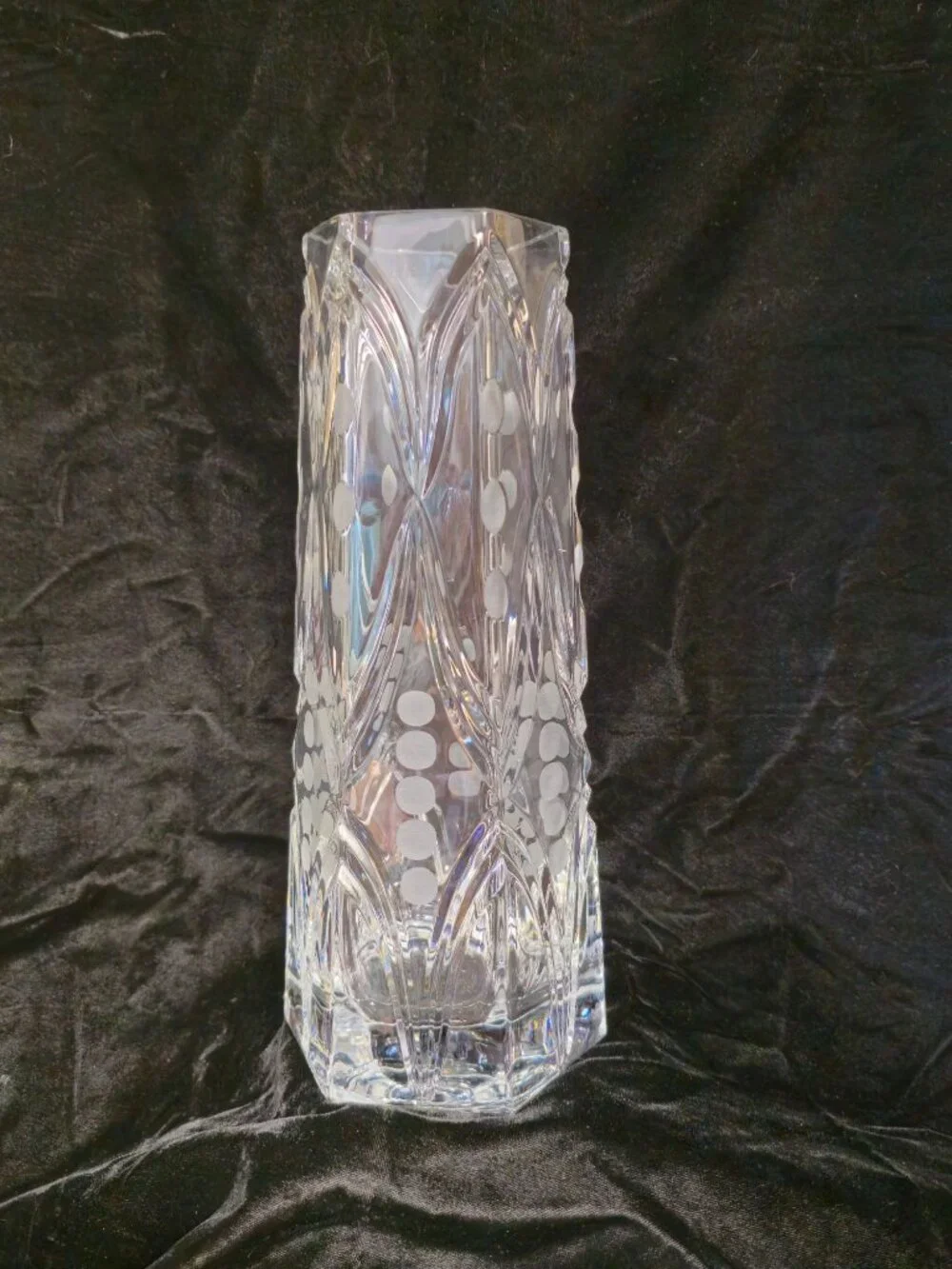 Vintage Etched Crystal Vase With Geometric Dot Pattern 11-Inch Tall Hexagonal Ba - Picture 1 of 13